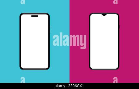 Dispositivi realistici per il mockup di smartphone su sfondo colorato. Schermata vuota e vuota. Sfondi dai colori creativi. Vettore Illustrazione Vettoriale