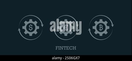 Icona Fintech. Concetto di gestione finanziaria. Dollaro, euro, simbolo bitcoin. Icona vettoriale piatta Illustrazione Vettoriale