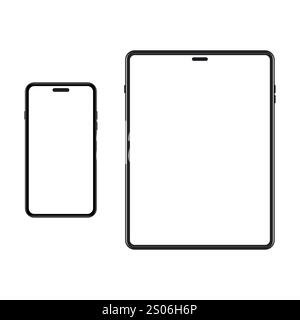 Set di smartphone e tablet modello. Schermo bianco sul dispositivo portatile. Gadget per il mockup con schermo vuoto. Vettore Illustrazione Vettoriale