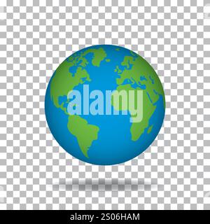 Globo terrestre con continenti verdi e acqua blu. Pianeta del mondo 3D su sfondo trasparente. Modello sferico della Terra Illustrazione Vettoriale