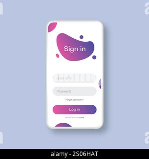 Modello di smartphone con modello di pagina del modulo di accesso. Colori viola alla moda. Modulo di accesso online. Vettore Illustrazione Vettoriale