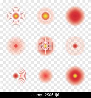 Concetto di dolore corporeo. Set di punti circolari rossi su sfondo trasparente. Segni di localizzazione del dolore. Vettore Illustrazione Vettoriale