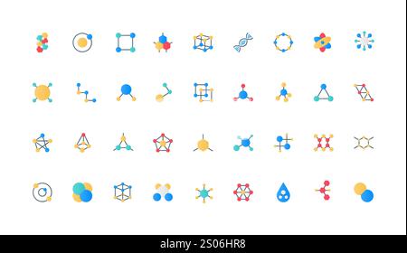 Struttura molecolare, modello di atomo e formula chimica nella serie di icone a colori di fisica e chimica. Illustrazione vettoriale di DNA e molecola proteica, rete di particelle e composto di elementi piatti di ioni Illustrazione Vettoriale