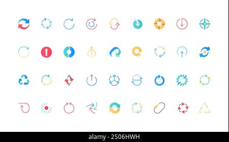 Frecce rotonde per aggiornare e riciclare, riavviare e ricaricare, set di icone a colori per la forma del loop. Frecce verso l'esterno e verso l'interno dal centro del cerchio, circolazione e modifica elementi piatti illustrazione vettoriale Illustrazione Vettoriale