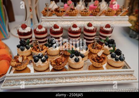 Una squisita esposizione di eleganti dessert con tartine, creme e frutta fresca. Foto Stock