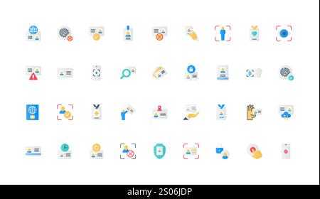Documenti personali, carta d'identità e passaporto per controllare il set di icone a colori dell'identità dei cittadini. Accesso biometrico, certificato di appartenenza, badge sul cordone, illustrazione vettoriale degli elementi piatti di identificazione digitale Illustrazione Vettoriale