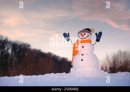 Smiley pupazzo di neve con cappello a maglia e sciarpa gialla con le mani in alto su un campo innevato. Caldo cielo al tramonto con nuvole sullo sfondo Foto Stock