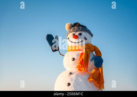 Smiley pupazzo di neve con cappello a maglia e sciarpa gialla con le mani in alto su un campo innevato. Cielo blu sullo sfondo Foto Stock