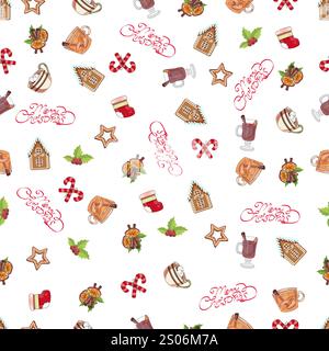 Backgound di Natale. Tazza di cacao, marshmallow. Calza di Natale. Caramelle cremose. VIN brulé. Pan di zenzero. Istletoe. Illustrazione vettoriale Illustrazione Vettoriale