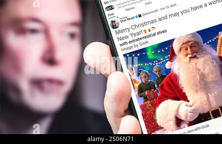 Poltava, Ucraina - 15 dicembre 2024. Pagina del profilo Twitter di Elon Musk con un nuovo tweet su uno smartphone in mano. Foto Stock