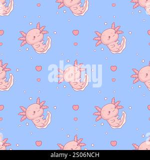 Motivo senza cuciture con simpatico axolotl su sfondo blu. Divertente personaggio dei cartoni animati kawaii. Illustrazione vettoriale Illustrazione Vettoriale