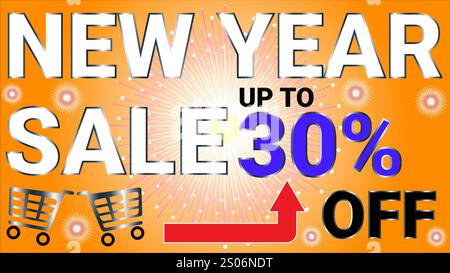 Sconti di Capodanno fino al 30% su banner con sfondo arancione scuro e bianco radiale e tema celebrativo Starburst Sunburst Illustrazione Vettoriale