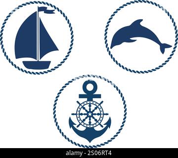 simboli di marinaio, simboli nautici ancora, ancora di mare, disegni del timone Illustrazione Vettoriale