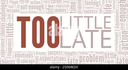 Progettazione concettuale di cloud di parole troppo limitata e troppo tardiva isolata su sfondo bianco. Illustrazione Vettoriale