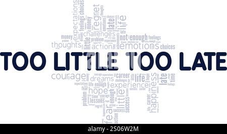 Progettazione concettuale di cloud di parole troppo limitata e troppo tardiva isolata su sfondo bianco. Illustrazione Vettoriale