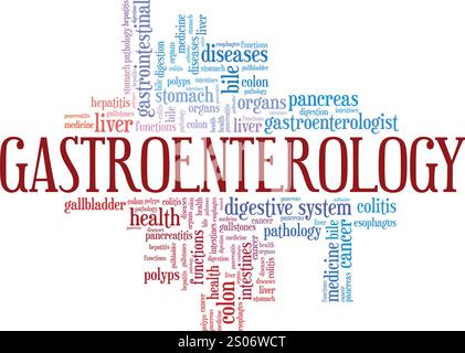 Progettazione concettuale di nuvole di parole per gastroenterologia isolata su sfondo bianco. Illustrazione Vettoriale
