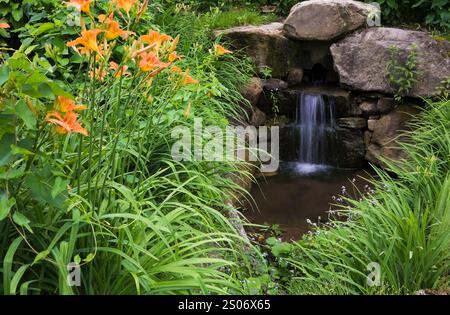 Orange Hemerocallis - fiori gialli al confine accanto alla cascata artificiale in pietra naturale nel giardino di campagna in estate. Foto Stock