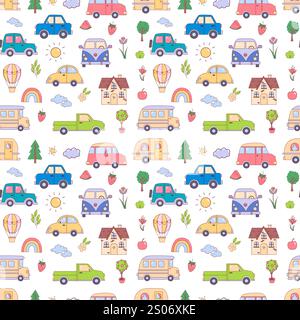 Motivo senza cuciture con le simpatiche auto del bambino e altri elementi diversi. Sfondo infantile Illustrazione Vettoriale