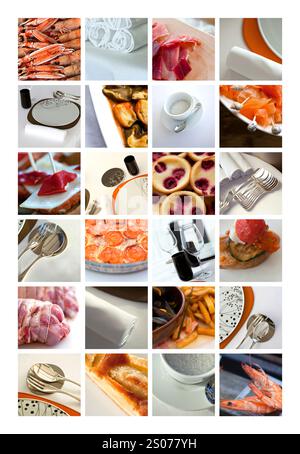 Piatti e set da tavolo su un collage Foto Stock
