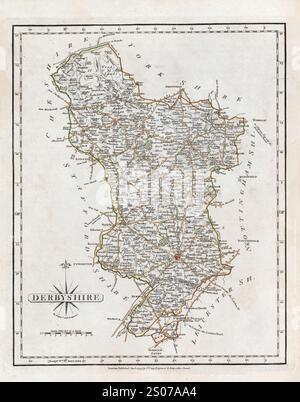 Una mappa vintage del XVIII secolo raffigura la contea inglese del Derbyshire Inghilterra Regno Unito e le sue regioni circostanti, con i dettagli di città, strade e caratteristiche geografiche. Foto Stock