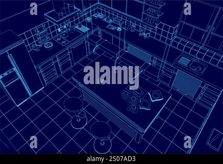 Cucina blu con un bancone e un lavandino. La cucina è mostrata in formato 3D. Illustrazione Vettoriale