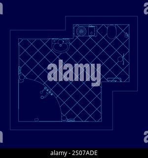 Disegno blu di un bagno con WC e lavandino. Il disegno è in blu ed è molto dettagliato Illustrazione Vettoriale