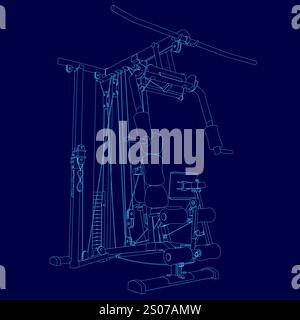 Disegno blu di un'attrezzatura da palestra. Il disegno è di una macchina con molte parti ed è molto dettagliato. La scena è seria e concentrata Illustrazione Vettoriale