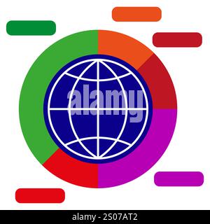 Globo e segmenti. Grafico vettoriale colorato. Simbolo di torta circolare. Illustrazione moderna dei dati. Illustrazione Vettoriale