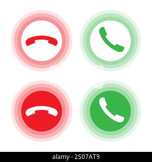 Set icone chiamata. Colori verde e rosso. Simboli del ricevitore del telefono. Sfondo cerchio sfumato. Illustrazione Vettoriale