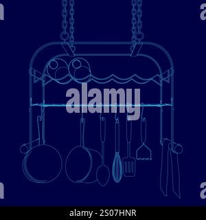 Disegno blu di una cucina con un portapacchi di utensili. Il rack è pieno di vari elementi come cucchiai, forchette, coltelli e una spatola Illustrazione Vettoriale