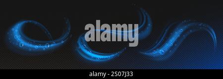 Magici effetti di turbolenza della bolla - ruscelli blu neon brillanti con sfere trasparenti, onde fluenti e percorsi ricci su sfondo scuro. Acqua astratta con vortice di schiuma detergente. Pulire il vortice. Illustrazione Vettoriale