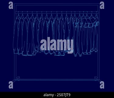 L'immagine è un disegno blu di un appendiabiti con vari capi appesi su di esso. Gli abiti sono disposti in modo ordinato e ordinato, W Illustrazione Vettoriale