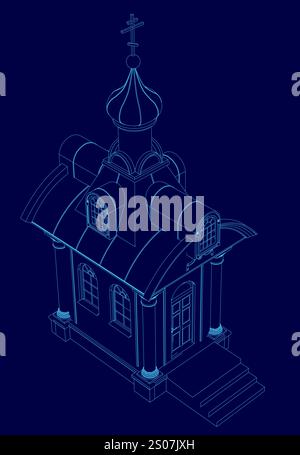 Chiesa blu con una croce in cima. La chiesa è piccola e ha un campanile. Il colore blu della chiesa le dona un'atmosfera tranquilla e serena Illustrazione Vettoriale