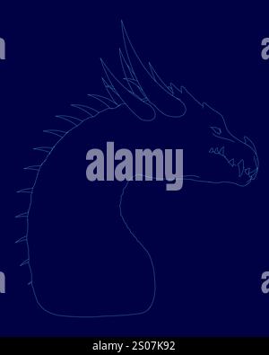 Drago blu con una lunga coda e denti affilati. Il drago è disegnato in blu Illustrazione Vettoriale