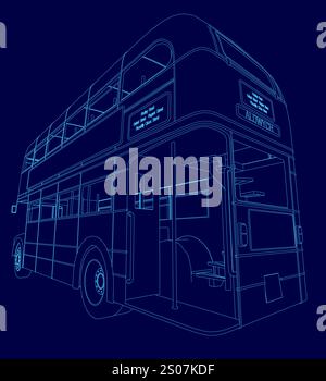 Disegno blu di un autobus a due piani con la scritta "il Big Ben" sul retro. L'autobus viene mostrato in modo stilizzato, con il ponte superiore visibile e il bo Illustrazione Vettoriale