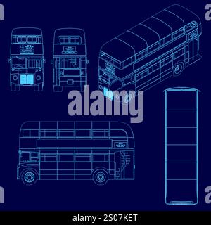 Autobus blu con una striscia sul lato. L'autobus è un autobus a due piani Illustrazione Vettoriale