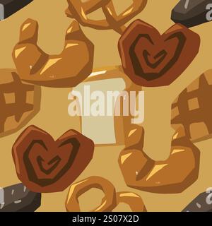 Disposizione senza cuciture di vari tipi di pane. Waffle, pane, baguette, panini, pretzel, croissant e altri prodotti da forno Illustrazione Vettoriale