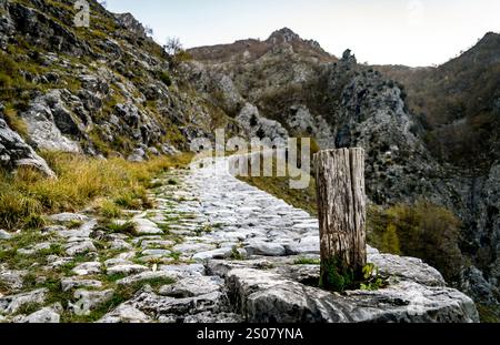 Un tortuoso sentiero in pietra conduce attraverso terreni rocciosi, con un palo in legno intempestivo in primo piano. Il paesaggio è caratterizzato da ripide colline e da una vegetazione sparsa Foto Stock