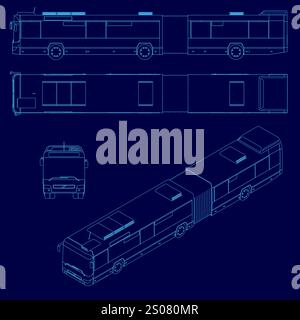 Autobus blu con tetto e striscia. Il bus è mostrato in diverse angolazioni ed è un modello di bus Illustrazione Vettoriale