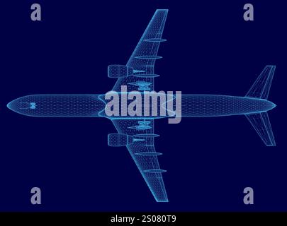 L'aereo blu è mostrato su sfondo blu. L'aereo è un grande jet di linea con un corpo lungo e un naso appuntito. L'immagine è un wireframe dell'aria Illustrazione Vettoriale