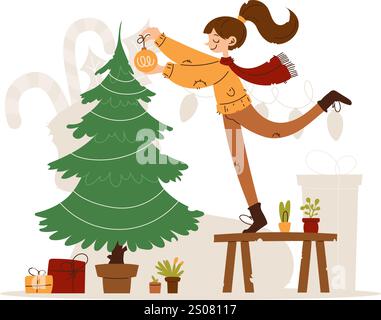 Illustrazione di una donna sorridente in intimi abiti invernali che collocano un ornamento su un albero di Natale, circondato da regali e piante. Donna che decora Illustrazione Vettoriale