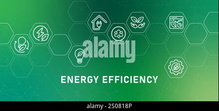 Intestazione a gradiente di efficienza energetica natura sostenibilità rinnovabile riciclabile ecocompatibile efficienza energetica Design ecologico delinea la collezione di icone Illustrazione Vettoriale