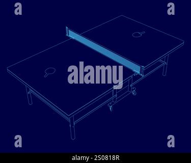 Disegno blu di un tavolo da ping pong con una rete. La tabella viene visualizzata in uno schema di colore blu Illustrazione Vettoriale