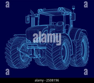 Trattore blu con uno pneumatico grande sulla parte anteriore. L'immagine è un disegno dei contorni di un trattore Illustrazione Vettoriale