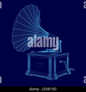 Immagine blu di un lettore di dischi. Il lettore di dischi è un modello vintage ed è seduto su uno sfondo blu Illustrazione Vettoriale