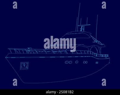 Profilo blu della barca. L'imbarcazione è mostrata in un disegno blu Illustrazione Vettoriale