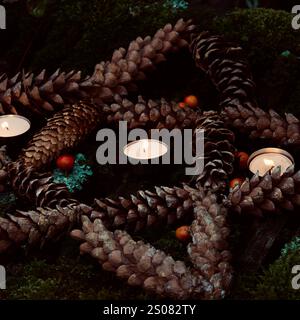 Un pentagramma realizzato con coni di pino su legno indurito. Foto Stock