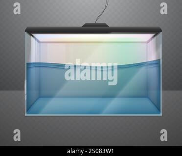 Acquario rettangolare trasparente in vetro con acqua o terrario con coperchio nero e illuminazione. Illustrazione vettoriale 3D. Illustrazione Vettoriale