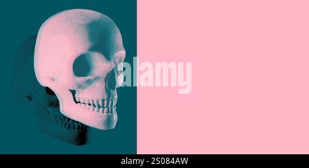 Poster. Collage d'arte contemporanea. Modello di cranio umano 3D in tonalità rosa e verde acqua con un'ombra laterale nitida su sfondo colorato con negativo Foto Stock