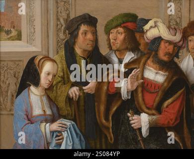 La moglie di Potiphar mostra l'indumento di Joseph Lucas van Leyden Foto Stock